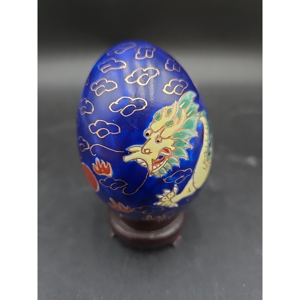 Chinese Decor Handpainted Blue Egg Yellow Dragon‎ w/ stand